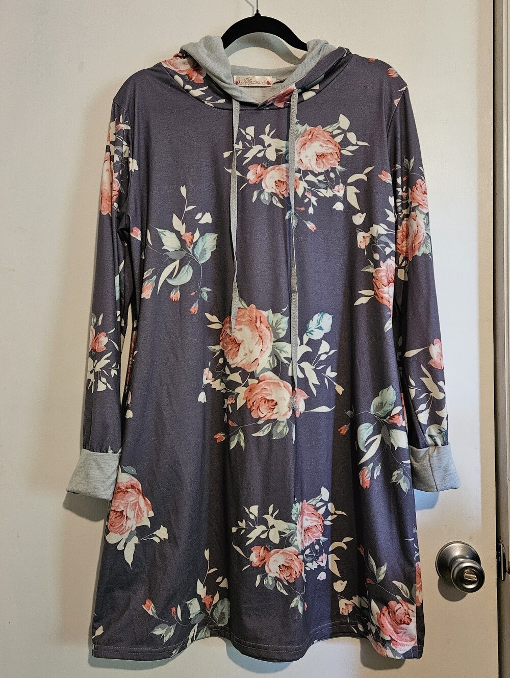 Fashion Women's XL Gray Floral Hoodie Dress Long Sleeve Side Pockets